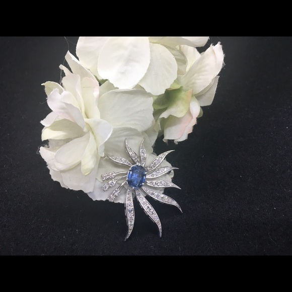 Mid century modern era custom sapphire diamond pin/necklace. 14k white gold. - Picture 3 of 6